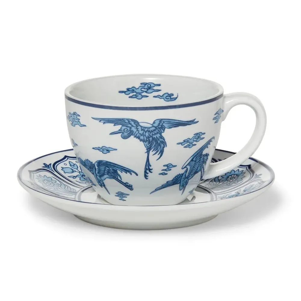 Outlet Blue & White Cranes Teacup And Saucer Tableware