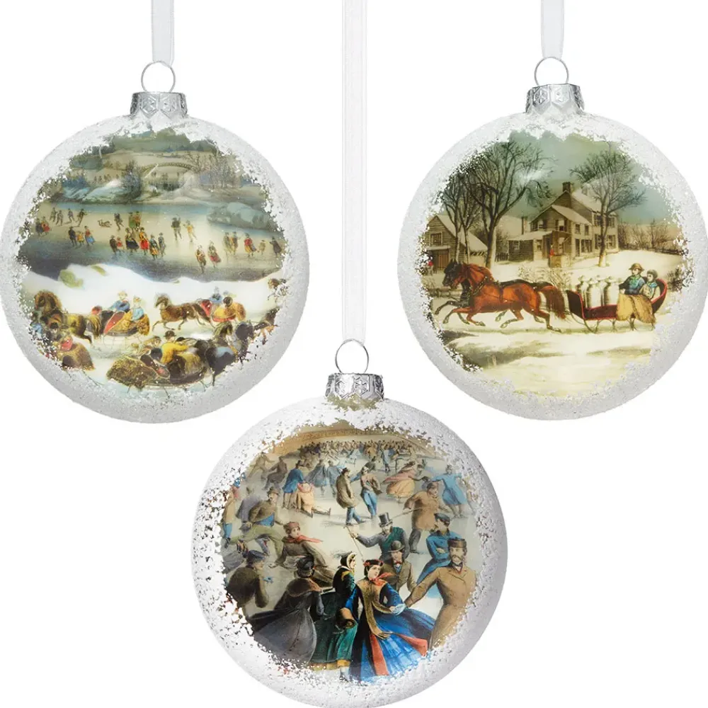 Hot Currier & Ives Snowscapes Glass Disc Ornament Set Ornaments
