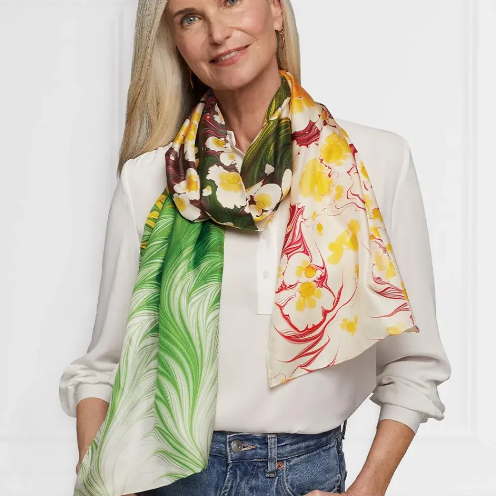 Hot Daisy Garden Marbled Paper Oblong Silk Scarf Scarves & Wraps
