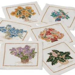 Best Kim Seybert Embroidered Bouquets Linen Cocktail Napkin Set Tableware